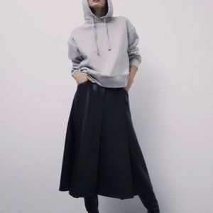 ZARA Black Faux Leather Midi Skirt with front slit, size XL